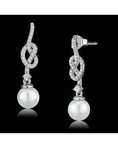 Rhodium 925 Sterling Silver Earrings with Synthetic Glass Bead in White